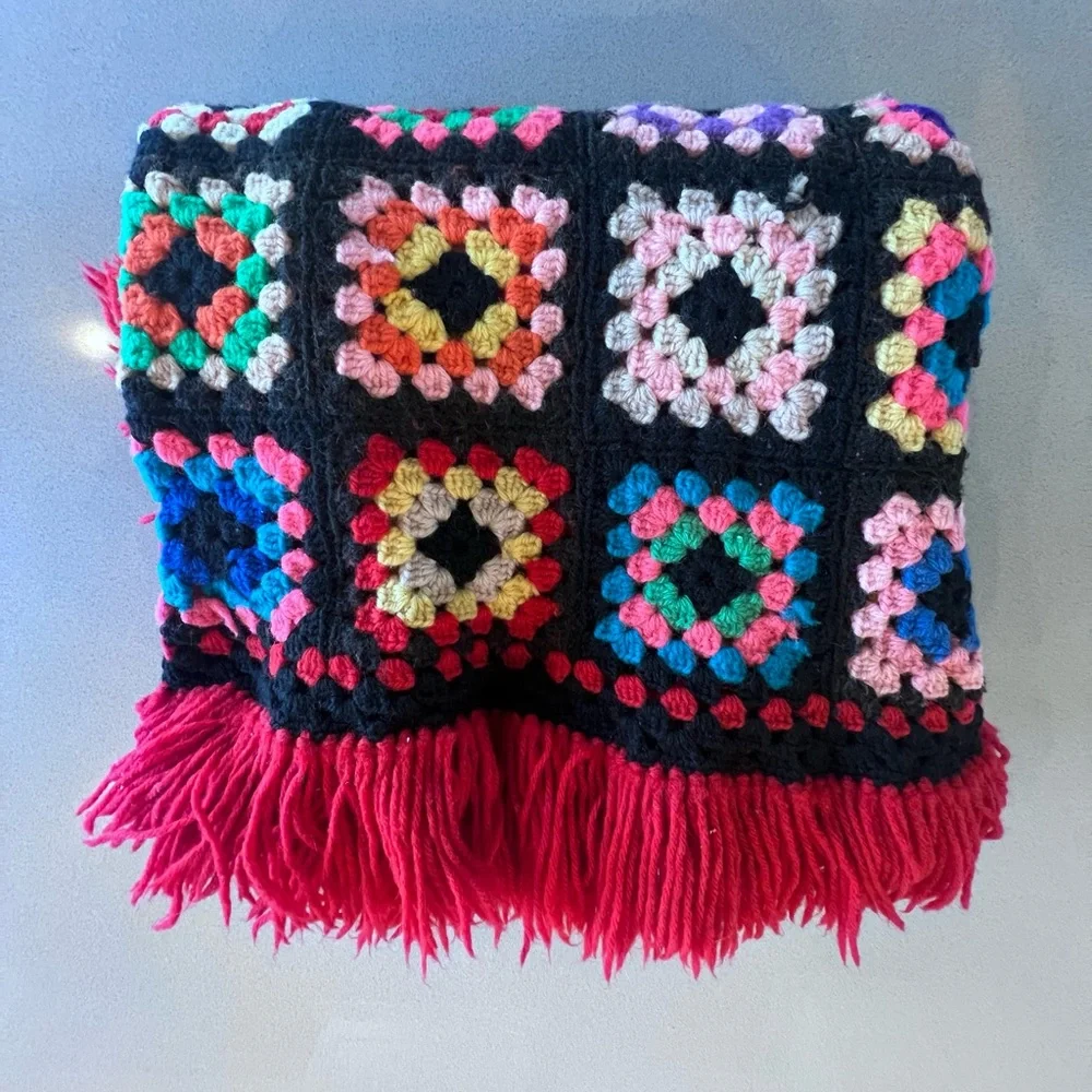 Handmade Crochet Granny Square Afghan Approximately 72”x72” including Fringe